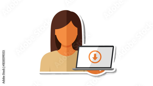 Faceless Person Holding a Laptop Computer Displaying a Download Icon Against a Black Background Flat Design Vector Illustration
