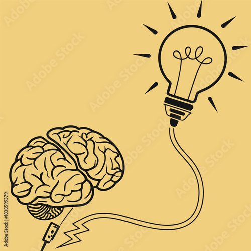 Brain and lightbulb connection representing idea and thought process.