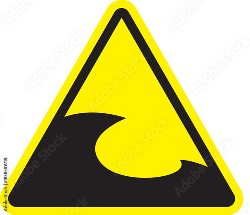 Tsunami Warning Sign: A prominent triangular yellow sign displaying a black graphic of a tsunami wave. a simple but effective visual alert