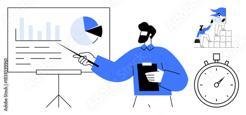 Business strategy, data analysis, teamwork, time management, project planning, corporate training. A presenter with charts, a stopwatch and teamwork visuals. Business strategy and data analysis