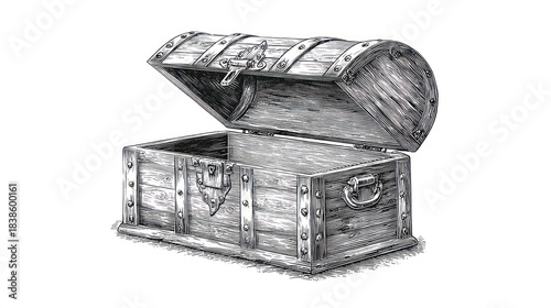 Detailed grayscale ink drawing of an empty, weathered wooden chest with a partially open lid