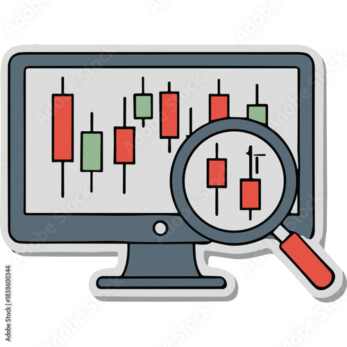 Computer Screen Displays Candlestick Stock Market Trading Chart With Magnifying Glass Examining Price Trends In A Flat Design Style On A Grey Background