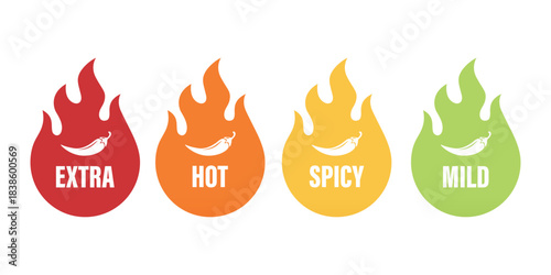Vector Spicy Level Emblems, Icons with Chili Pepper in Flame Shapes. Extra Hot, Hot, Spicy and Mild Labels for Food Packaging, Menu Tags, Sauce Labels or Restaurant Spiciness Indicator, Vector Set