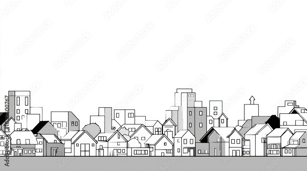 Fototapeta premium Black and white illustration of a cityscape with various buildings, houses, and an empty sky