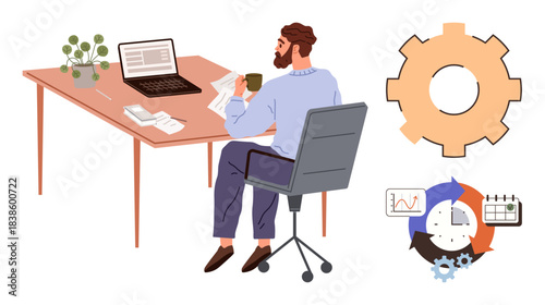 Man at desk analyzing data with papers, coffee, and laptop, alongside workflow gear, charts, and schedule icons. Ideal for productivity, time management, planning workflow business office work