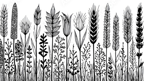 Black and white illustration of various types of botanical grasses and flowering plants