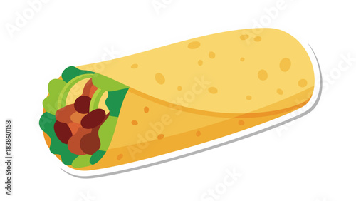 Flat Design Illustration of a Delicious Burrito with Yellow Tortilla Fresh Lettuce and Savory Meat Filling on a White Background