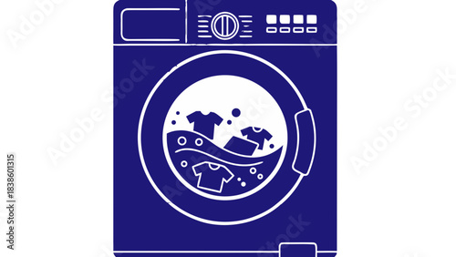 Front Load Washing Machine With Clothes Tumbling Inside During A Wash Cycle In A Dark Blue Color Scheme With White Outline