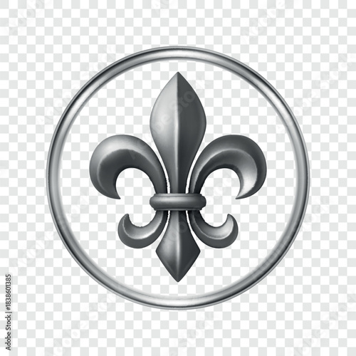 Vector 3d Silver Fleur De Lis Symbol in Round Frame. Elegant Royal Emblem. Classic French Heraldic Icon. Luxury Fleur De Lis Sign. Logo Design, Badge, Noble Decoration, Vintage Ornament