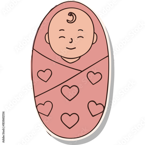 Content infant baby wrapped in pink swaddle blanket with heart pattern laying down with closed eyes and smiling face peaceful expression cartoon style drawing