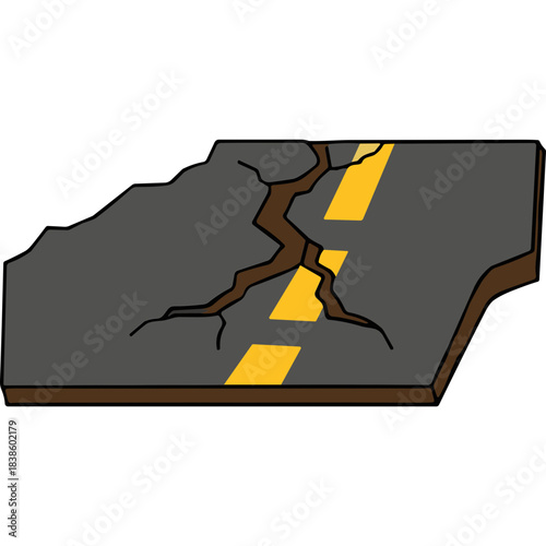 Cracked asphalt road with yellow line indicating damage and structural failure on a dark background