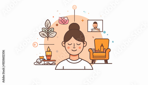 Woman meditating in lotus pose at home with plants, practicing yoga and mindfulness for relaxation and mental well-being.
