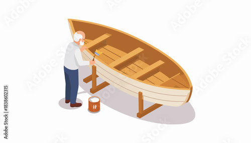 Elderly Man Painting Wooden Boat with Roller and Brush, Isometric Illustration of Craftsmanship Hobby