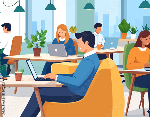 Diverse people working on laptops in a modern co-working office space with indoor plants