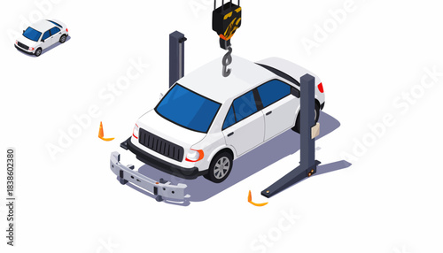 Professional Car Detailers Polishing a Bright Orange Car, Auto Service Isometric Illustration