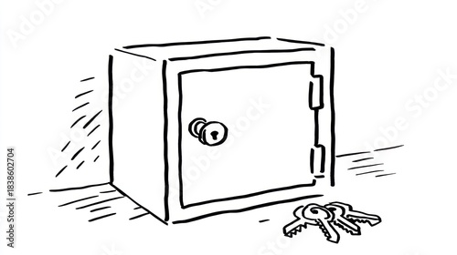 Black and white illustration of a small safe with keys. A simple drawing style