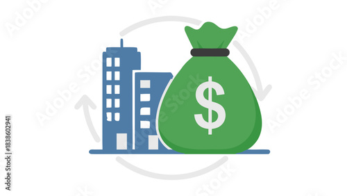 Green Money Bag With Dollar Sign Next to Blue Buildings With Circular Arrows Indicating Financial Flow on Black Background