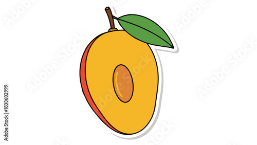 Halved Juicy Yellow Mango with Green Leaf and Stem Isolated on Black Background Simple Flat Design Style Illustration