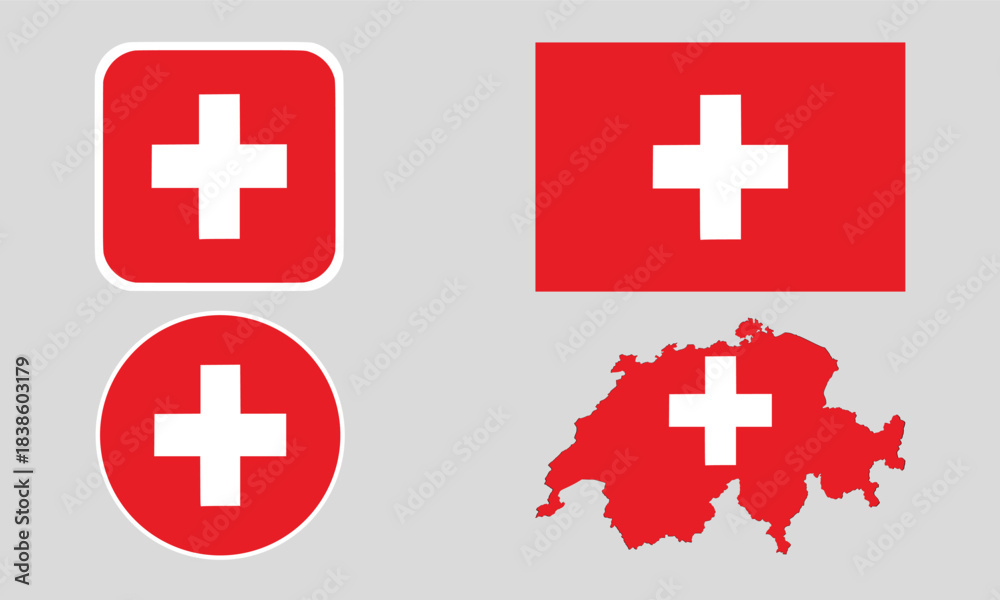 Fototapeta premium Switzerland Flag Icon Set in Square, Round, and Map Shapes. Clean Modern Collection. Perfect for use in apps, websites, presentations, infographics, educational materials, travel content.