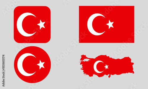 Turkey Flag Icon Set in Square, Round, and Map Shapes. Clean Modern Collection. Perfect for use in apps, websites, presentations, infographics, educational materials, travel content.