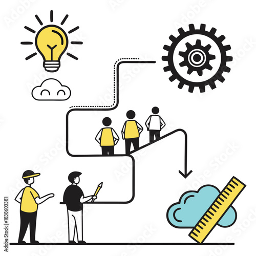 Creative process from idea to implementation with teamwork and measurement.