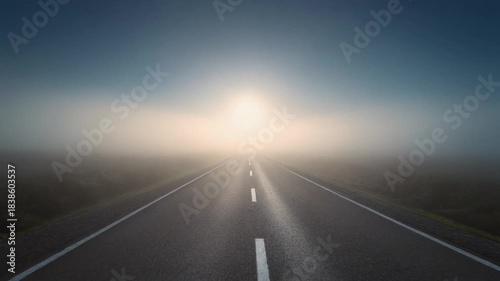 霧に包まれた一本道が、明るい地平線へと静かに続いていく映像です。
青白い朝の光と逆光が、未来・希望・前進といったテーマを象徴します。