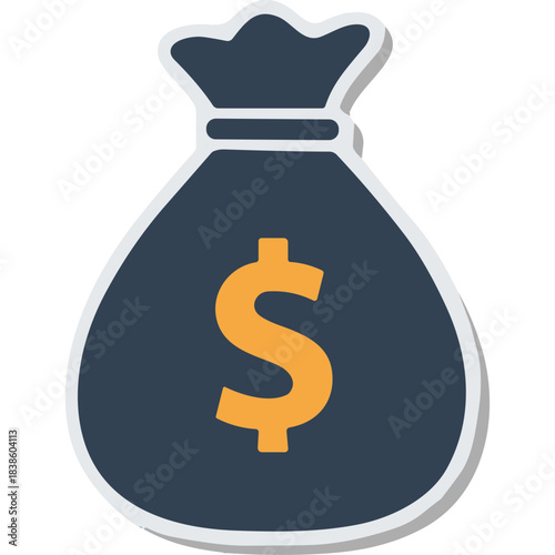 Dark Blue Money Bag with Orange Dollar Sign Emblem Isolated on Black Background Minimalist Graphic Symbol Representing Wealth and Finance