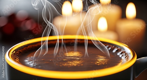 Steaming hot beverage in a glowing cup with warm candlelight in the background, creating a cozy atmosphere.