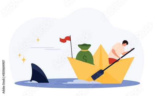 Person paddling a yellow paper boat with a money bag onboard, threatened by a shark fin in water, symbolizing financial risk and challenge, isolated vector illustration