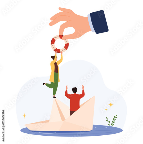 Businessman and businesswoman in paper boat receive help from giant hand with lifebuoy, symbolizing teamwork, support, crisis management, and leadership isolated vector illustration