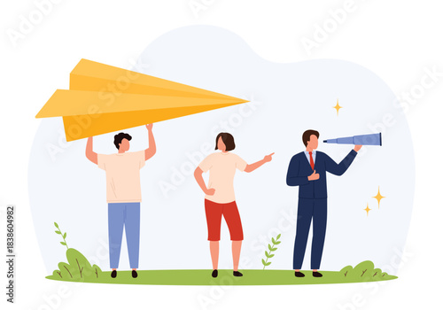 Three people collaborate with a giant paper plane, one points forward, another looks through a telescope, symbolizing teamwork, leadership, and future planning isolated vector illustration