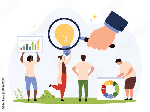 Business team collaborating on analytics, growth charts, and creative solutions with magnifying glass, lightbulb, and colorful diagrams, flat style isolated vector illustration