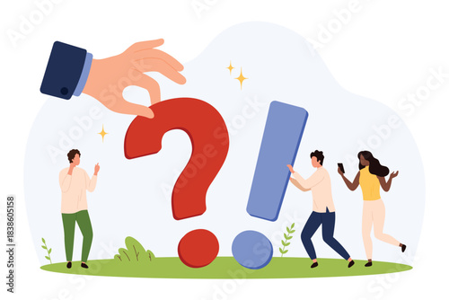 Group of diverse people discussing large question and exclamation marks, symbolizing problem solving, curiosity, communication, and answers in a modern flat style isolated vector illustration