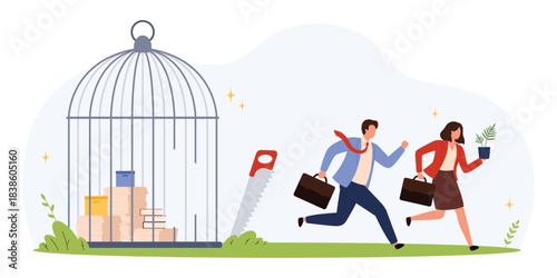 Two office workers run from a birdcage filled with paperwork and books, symbolizing quitting stressful jobs and seeking freedom, flat isolated vector illustration
