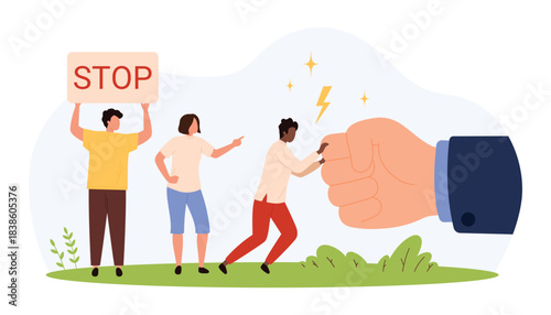 Group of small people protesting against large authoritative fist, symbolizing resistance, social justice, and standing up to power in society isolated vector illustration