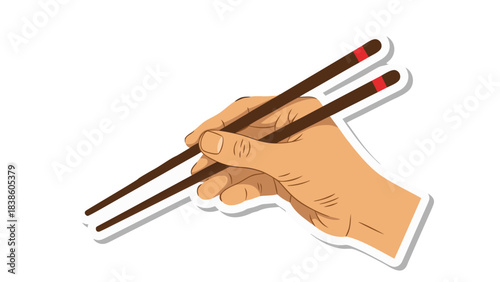 Human Hand Holding Brown Chopsticks with Red Tips Against Black Background Vector Illustration