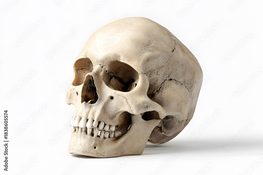 Obraz premium Detailed human skull displayed on a plain surface showing its anatomical features and structure in a well-lit environment