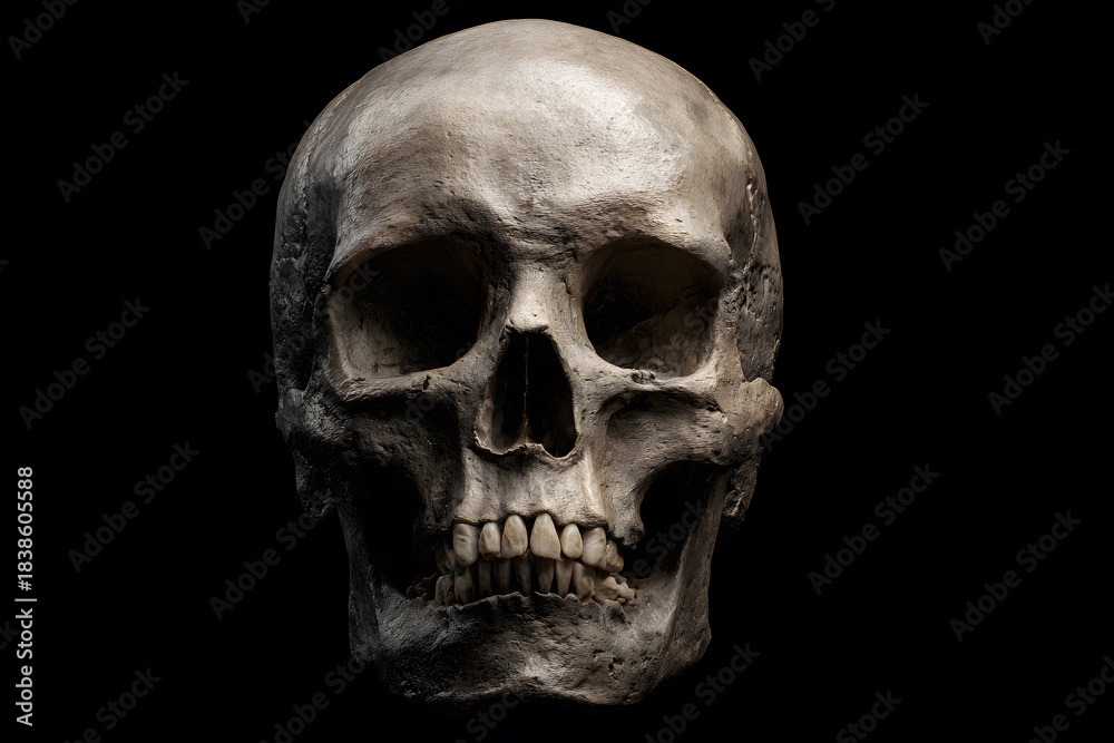 Fototapeta premium Detailed view of a human skull against a dark background showcasing skeletal features and dental structure