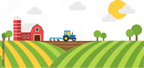 Agricultural farm landscape with a tractor plowing a field near a red barn.