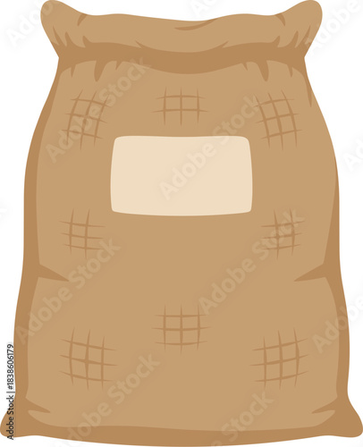 A large brown burlap sack with a blank label for text.