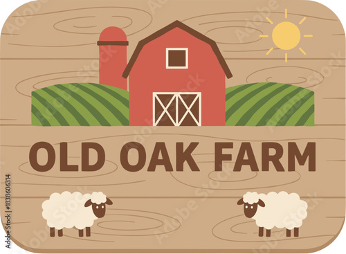 Rustic wooden Old Oak Farm sign with a charming red barn and sheep illustration.