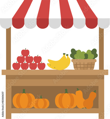 Farmers market stall with fresh fruits and vegetables illustration.