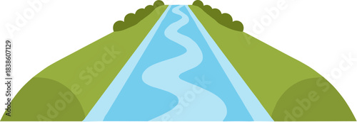 A cartoon river flowing through a green landscape on a white background.