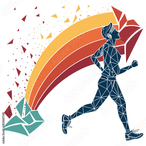 Energetic runner sprinting with vibrant rainbow graphic design motion and speed.