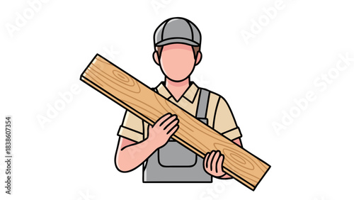 Male Carpenter Wearing Cap and Overalls Holding Wooden Planks In Studio Neutral Background With Soft Lighting And Pixelated Texture