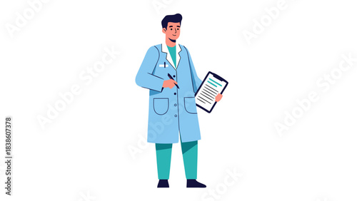 Male Doctor In Blue Lab Coat And Green Scrubs Holding Medical Chart And Pen Standing On Black Background Caucasian Man Physician Wearing Stethoscope And White Undershirt Focused Professional Doctor