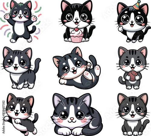 Tuxedo cat black and white kittens with party hats cute set