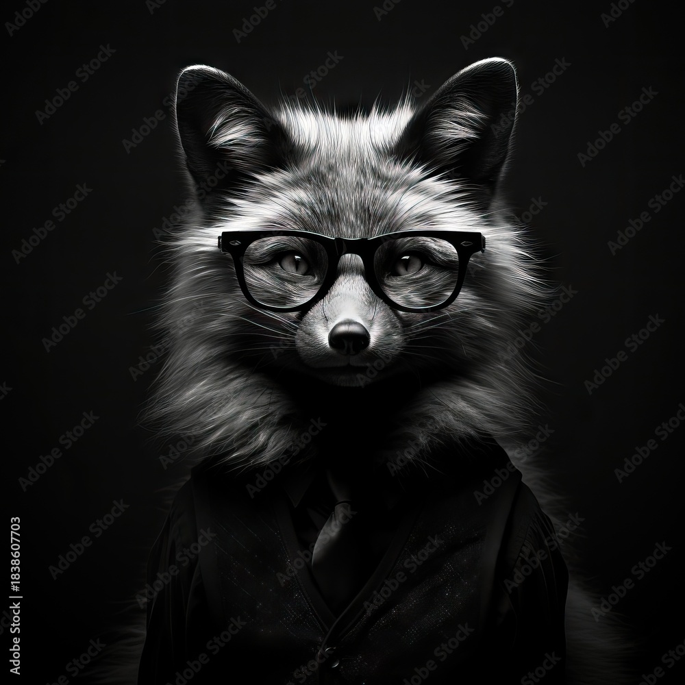 Obraz premium Fox in suit and glasses. Intelligent animal humanization character for avatar and profile picture with cool smart look. Fashionable animal black white art.