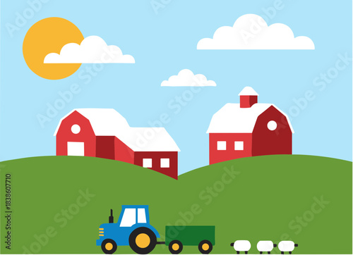 Blue farm tractor with a green trailer and three white sheep.