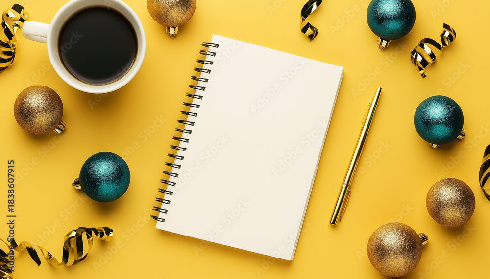Naklejka premium Planning New Year resolutions with blank notebook, black coffee, pencil, and festive golden streamers with blue ornaments